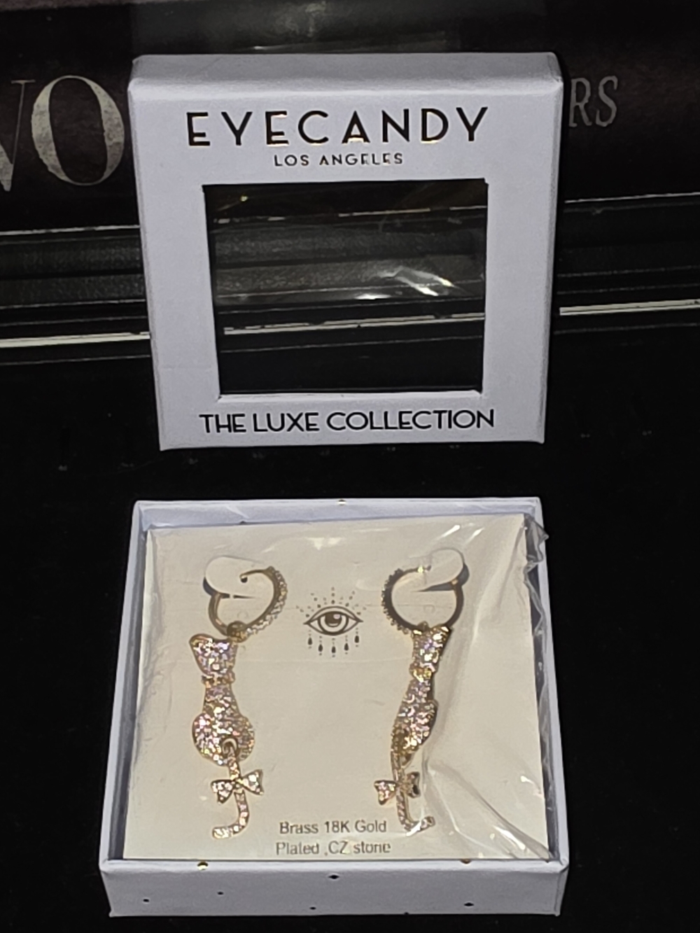 eye candy Gold Cat Dangle Earrings with Pink Crystals, Bows— Luxe Collection